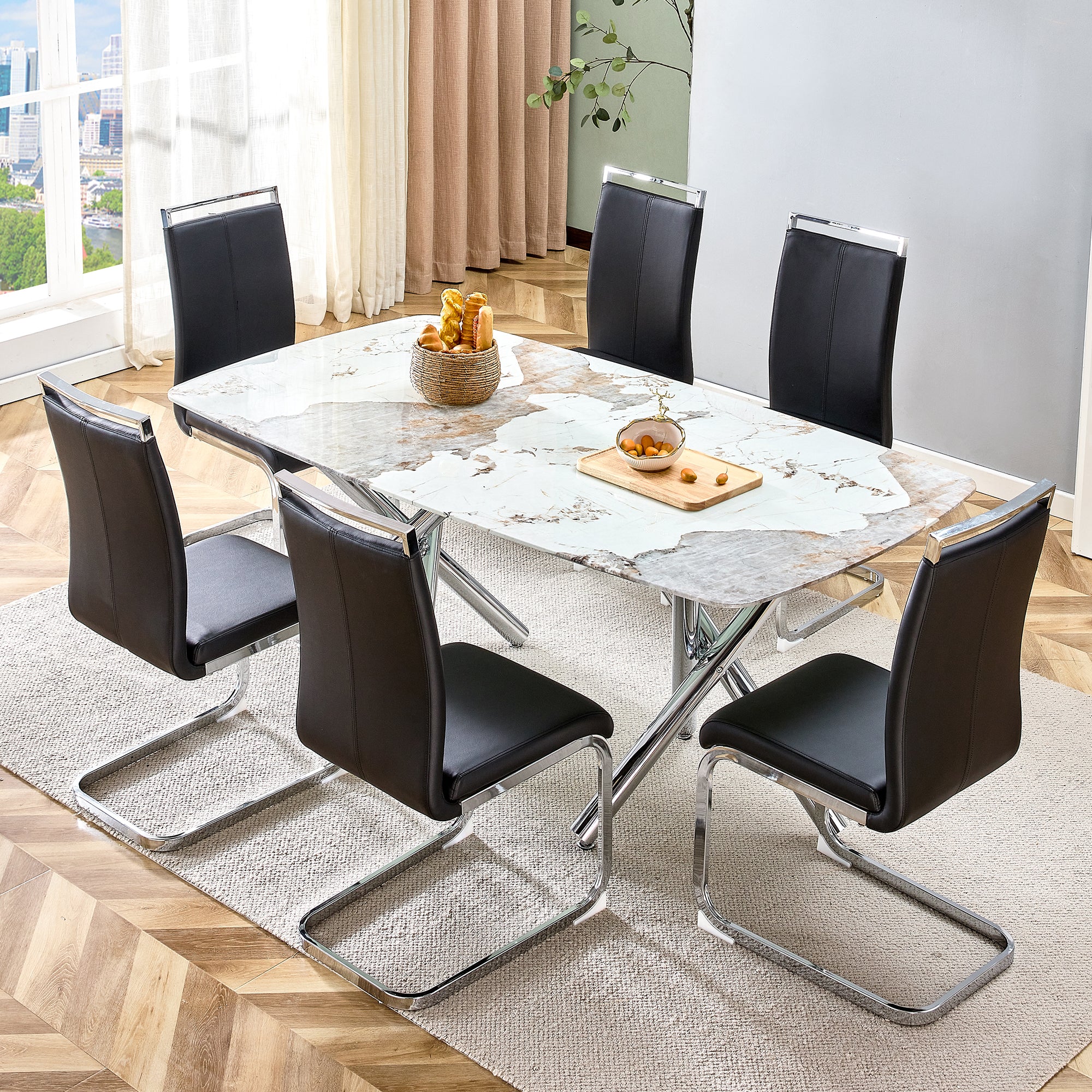 Table And Chair Set.A Rectangular Dining Table Suitable For 4 8 People, Equipped With A Marble Patterned Glass Tabletop And Metal Legs.6 Chairs With Faux Leather Upholstered Seats And Silver Legs. Black Silver Seats 6 Glass Metal