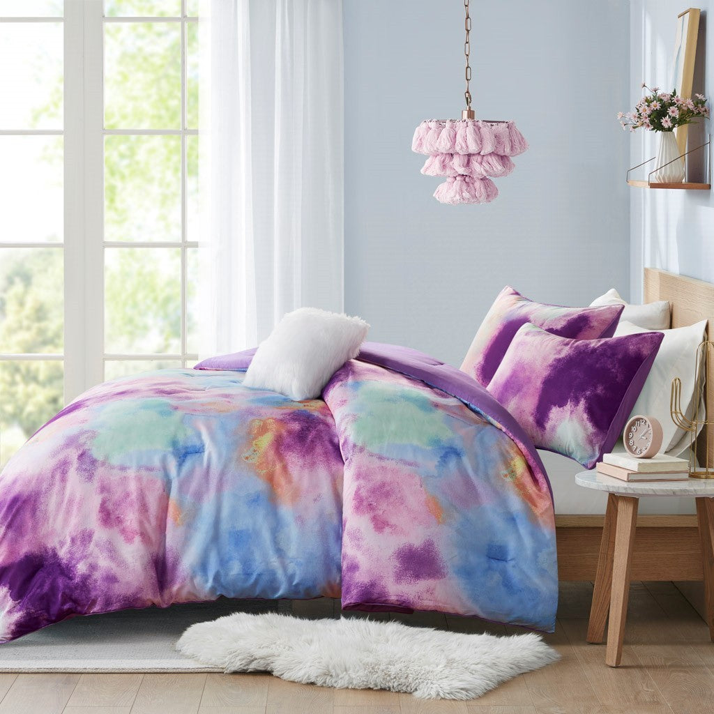 Watercolor Tie Dye Printed Comforter Set With Throw Pillow Twin Multicolor Polyester