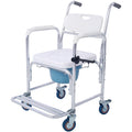 4 In 1 Bedside Commode Chair, Transport Shower Wheelchair Toilet Rolling Transport Chair With 4 Brakes Casters,Tissue Holder,Crutch Holder For Elderly Injured And Disabled White Steel