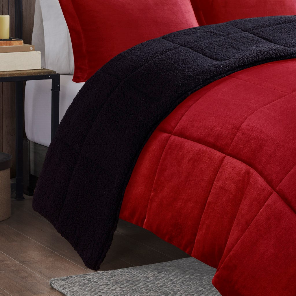 Plush To Sherpa Down Alternative Comforter Set Twin Red Black Polyester