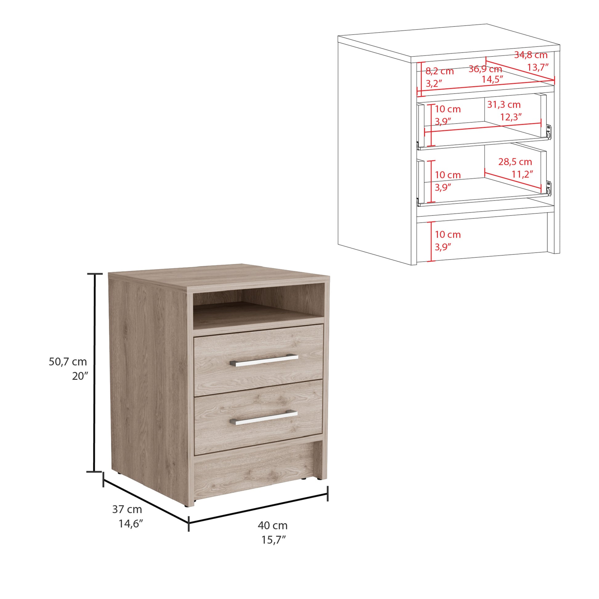 Eter Nightstandend Table, Side Table Superior Top, Two Drawers Light Gray Gray 2 Drawers Bedroom Rectangle Modern Shelf Particle Board Particle Board