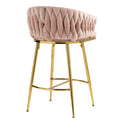 26'' Counter Height Bar Stools Set Of 2 Kitchen Island Counter Bar Stool With Hand Wave Back,Golden Chromed Base And Footrest Pink Pink Kitchen Modern Foam Velvet