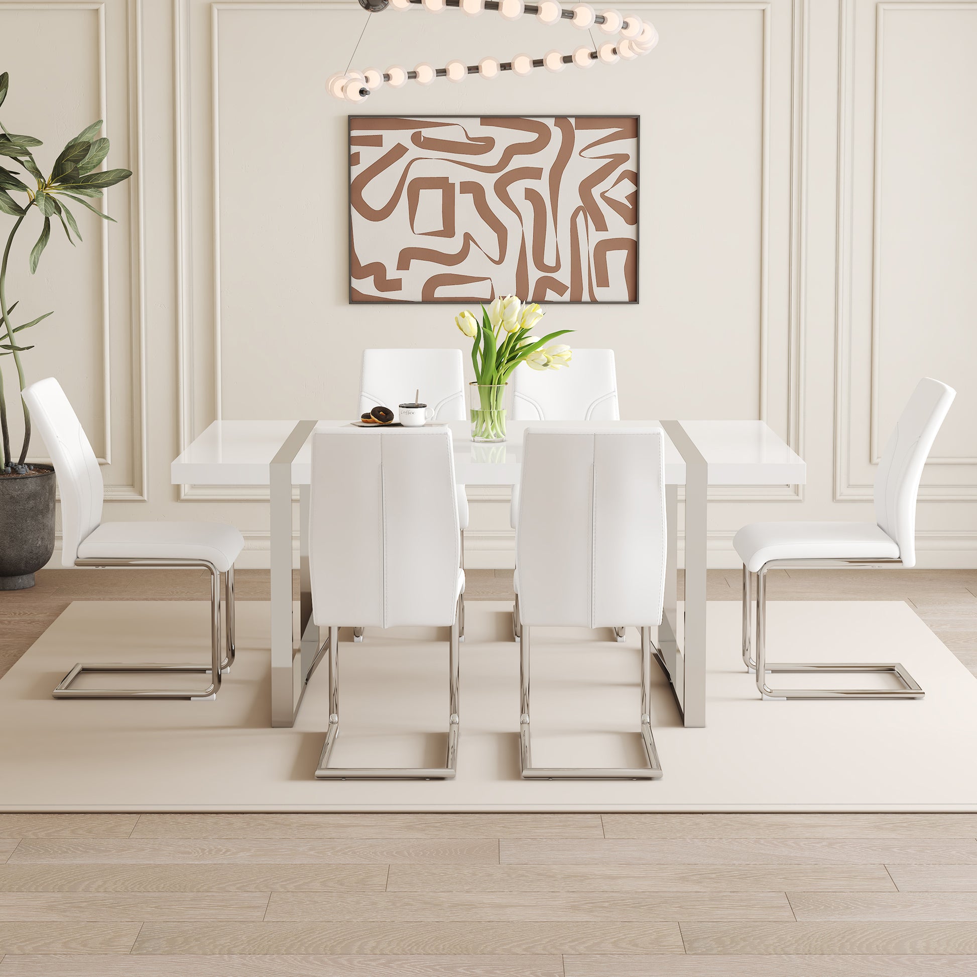 Table And Chair Set.71"X39.3" White Mdf Painting Dining Table Set With 6 White Pu Chairs.Showcasing A Modern And Stylish Look.Suitable For Dining Room.Mdf Painting,Iron Pipe Plating,Pu Chiairs.