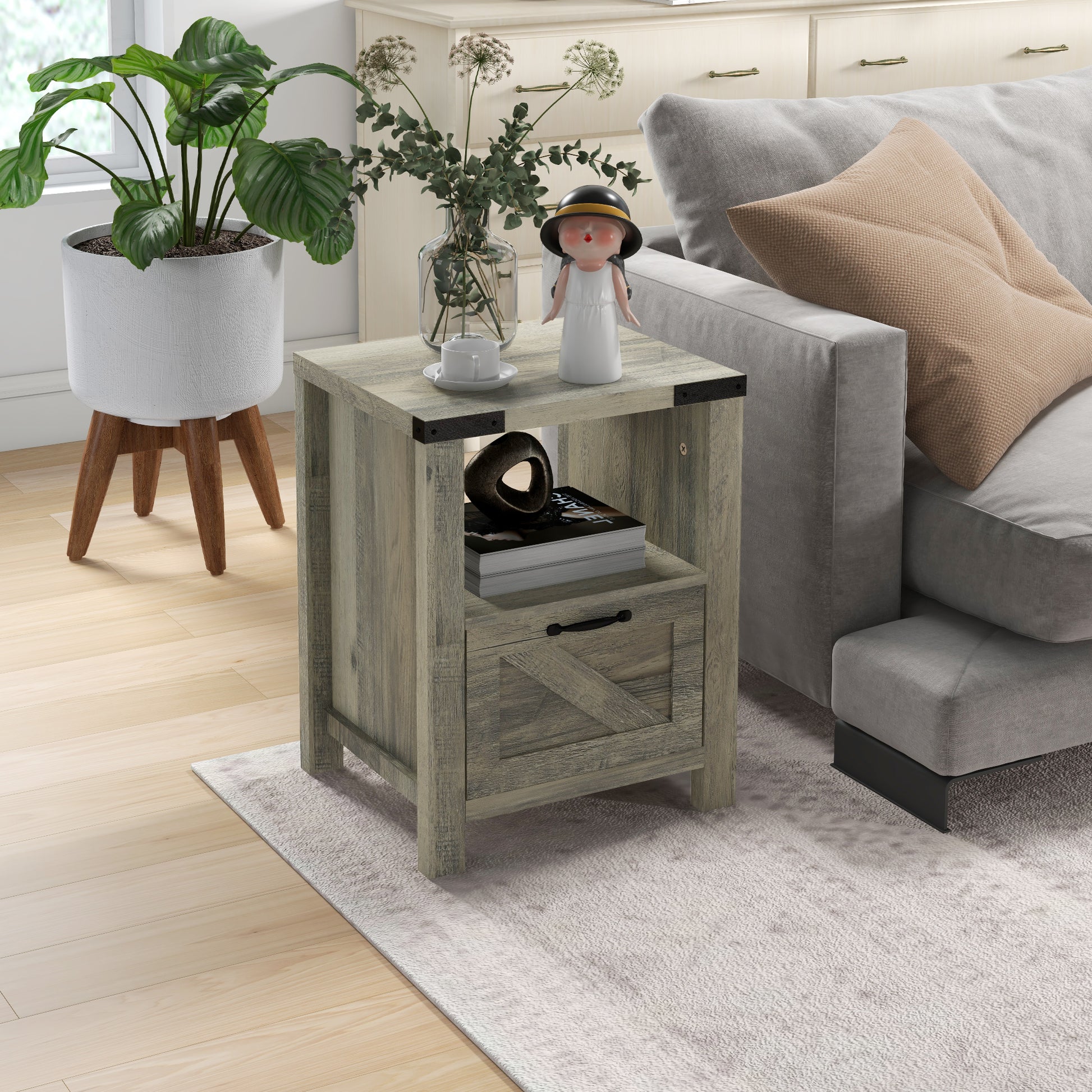 Homcom Farmhouse End Table, Rustic Side Cabinet With Storage, Small Side Table With Drawer, Wood Effect Tabletop For Living Room, Gray Gray Particle Board