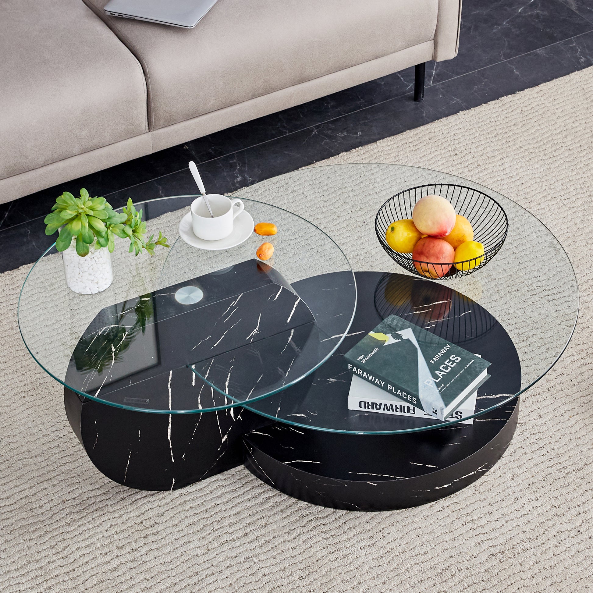 Modern And Practical Double Deck Round Table. Double Storage Space, Made Of Glass Tabletop And Mdf Table Legs. Suitable For Living Room And Bedroom And Dining Room. Black Mdf Glass