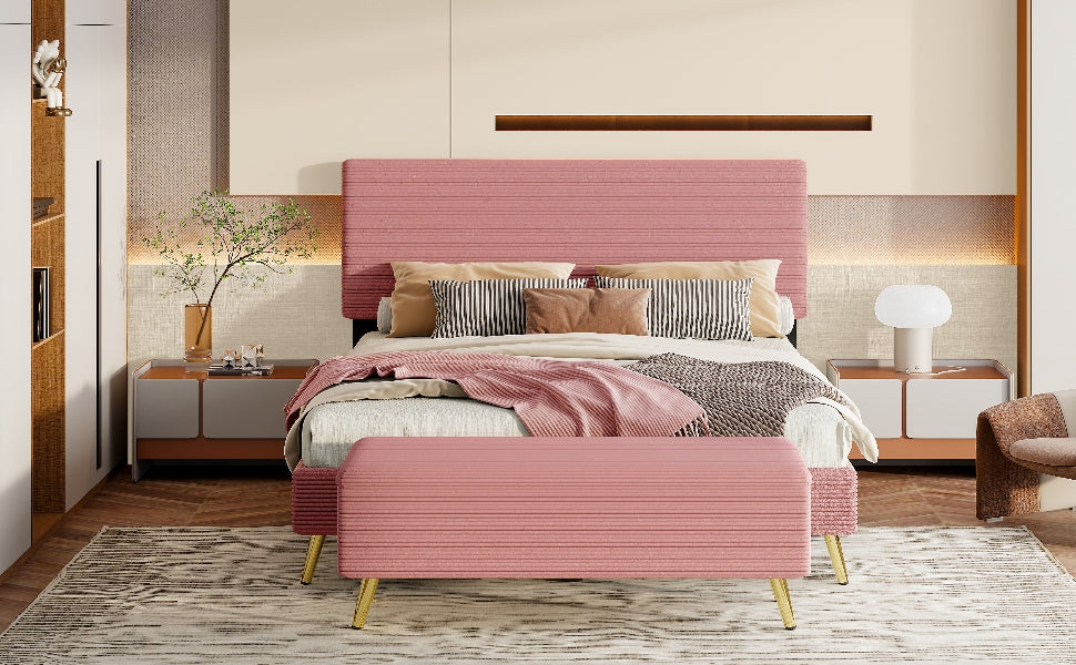 2 Pieces Bedroom Sets Queen Size Upholstered Bed Frame, Modern Corduroy Storage Ottoman,Pink Queen Pink 2 Piece Set Solid Wood Mdf