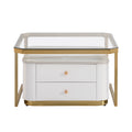 Modern 2 Pieces White Square Nesting Coffee Table With Drawers & Electroplated Gold Legs In 27.6'' Golden White Square Drawers Coffee & End Tables Glossy Square Mdf Glass Mdf Pedestal