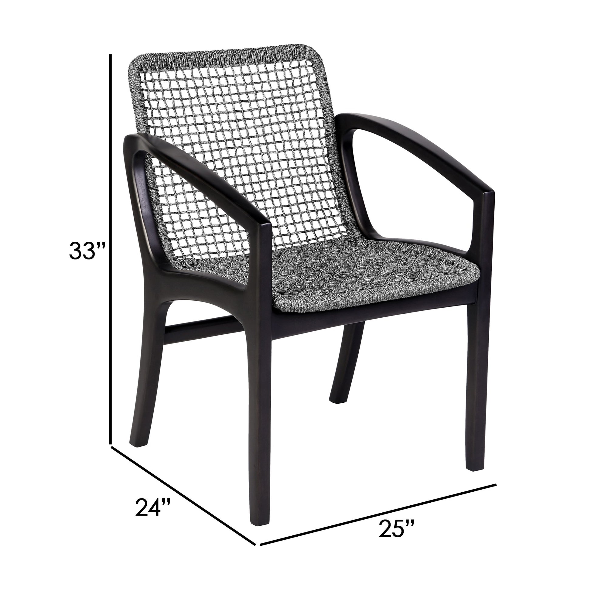 Tye 25 Inch Patio Dining Chair, Dark Eucalyptus Wood, Gray Rope Seating Gray Wood