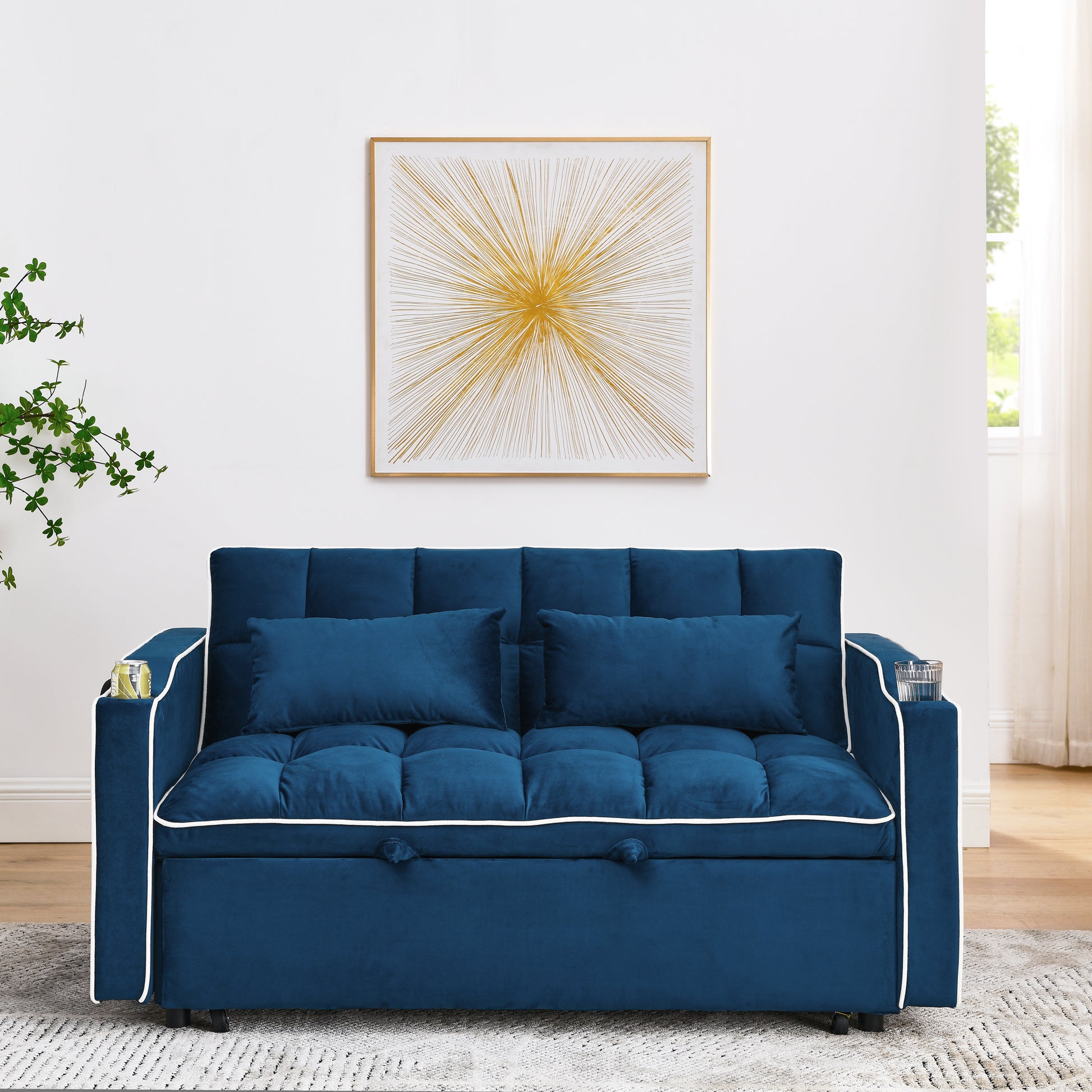 55.51 Inch Versatile Foldable Sofa Bed In 3 Lengths, Modern Sofa Sofa Sofa Velvet Pull Out Bed, Adjustable Back And With Usb Port And Ashtray And Swivel Phone Stand Blue Full Blue Primary Living Space American Design,American Traditional,Traditional