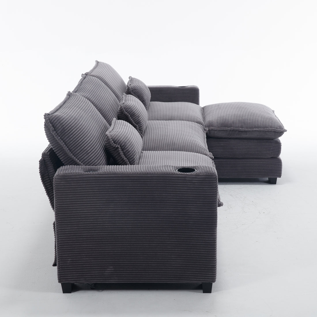 L Shape Sofa Couch With Usb & Cup Holders, Corduroy Stripe Fabric 3 Seater Sofa With 1 Ottoman, Grey Grey Wood 4 Seat