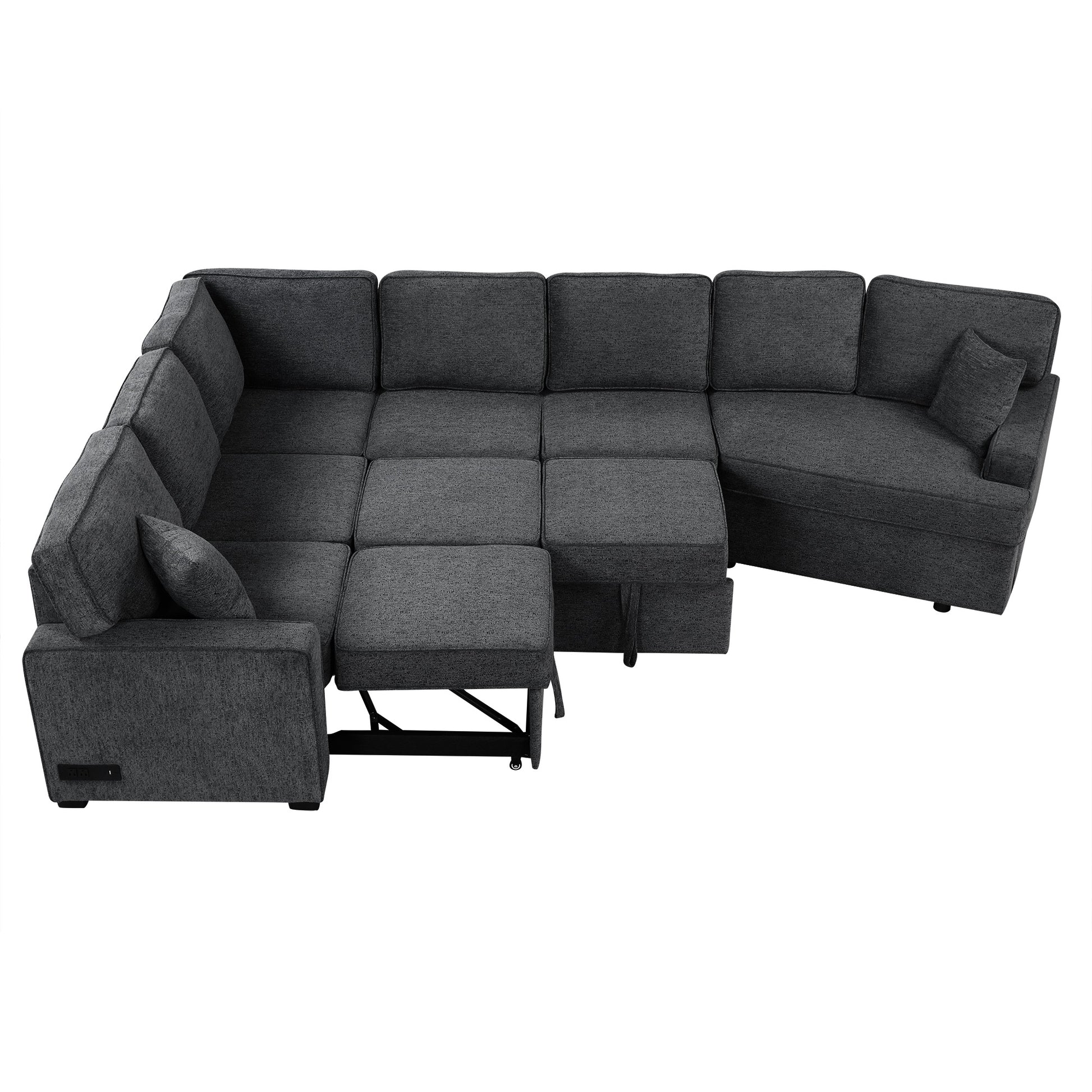 126" L Shaped Sofa Sectional Sofa Couch Pull Out Sofa Bed With Charging Devices And Cup Holders For Living Room, Blue Black Black Blue Foam Chenille 6 Seat