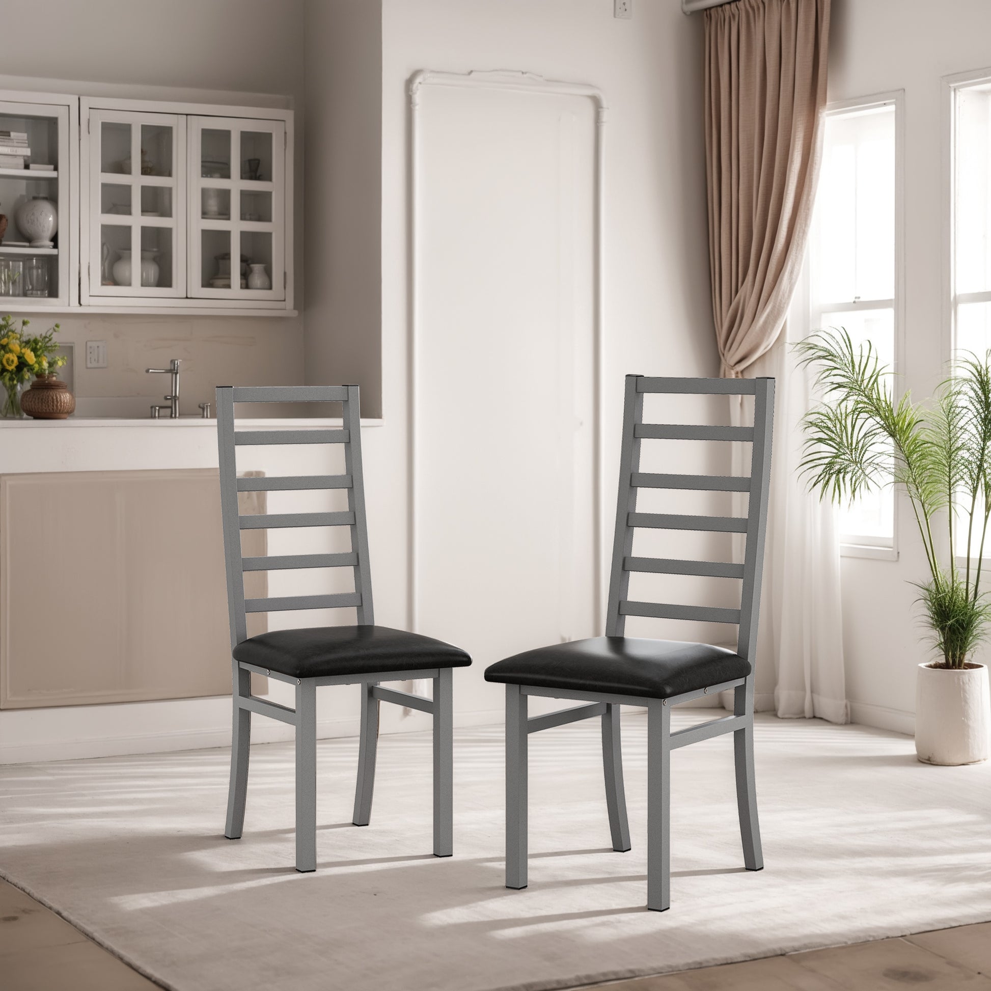 Metal Dining Chairs Set Of 2, Steel Legs And Pu Leather Seats, High Back Armless Dining Chairs, For Kitchen, Living Room, Grey Grey Steel