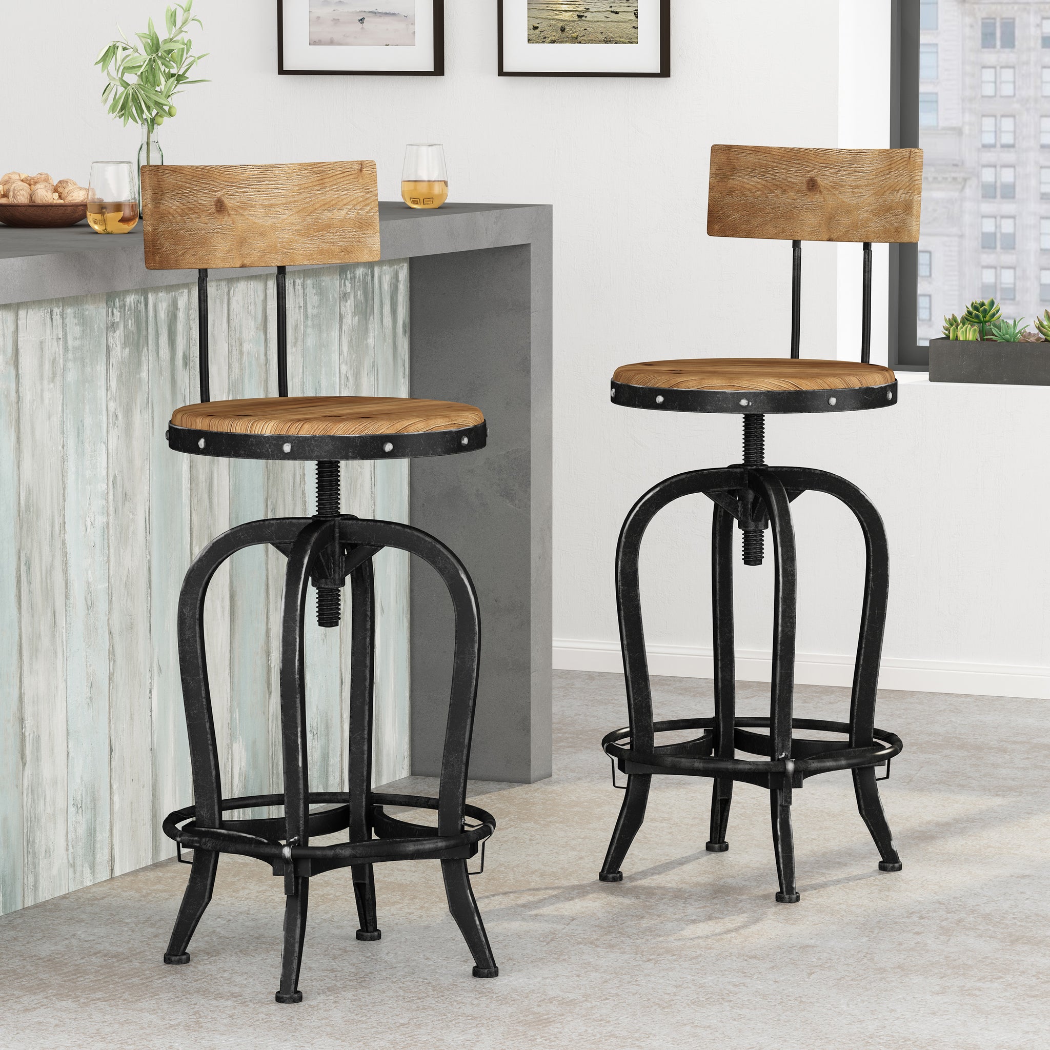 Adjustable Height Swivel Barstools With Fir Wood Set Of 2 Natural Metal & Wood