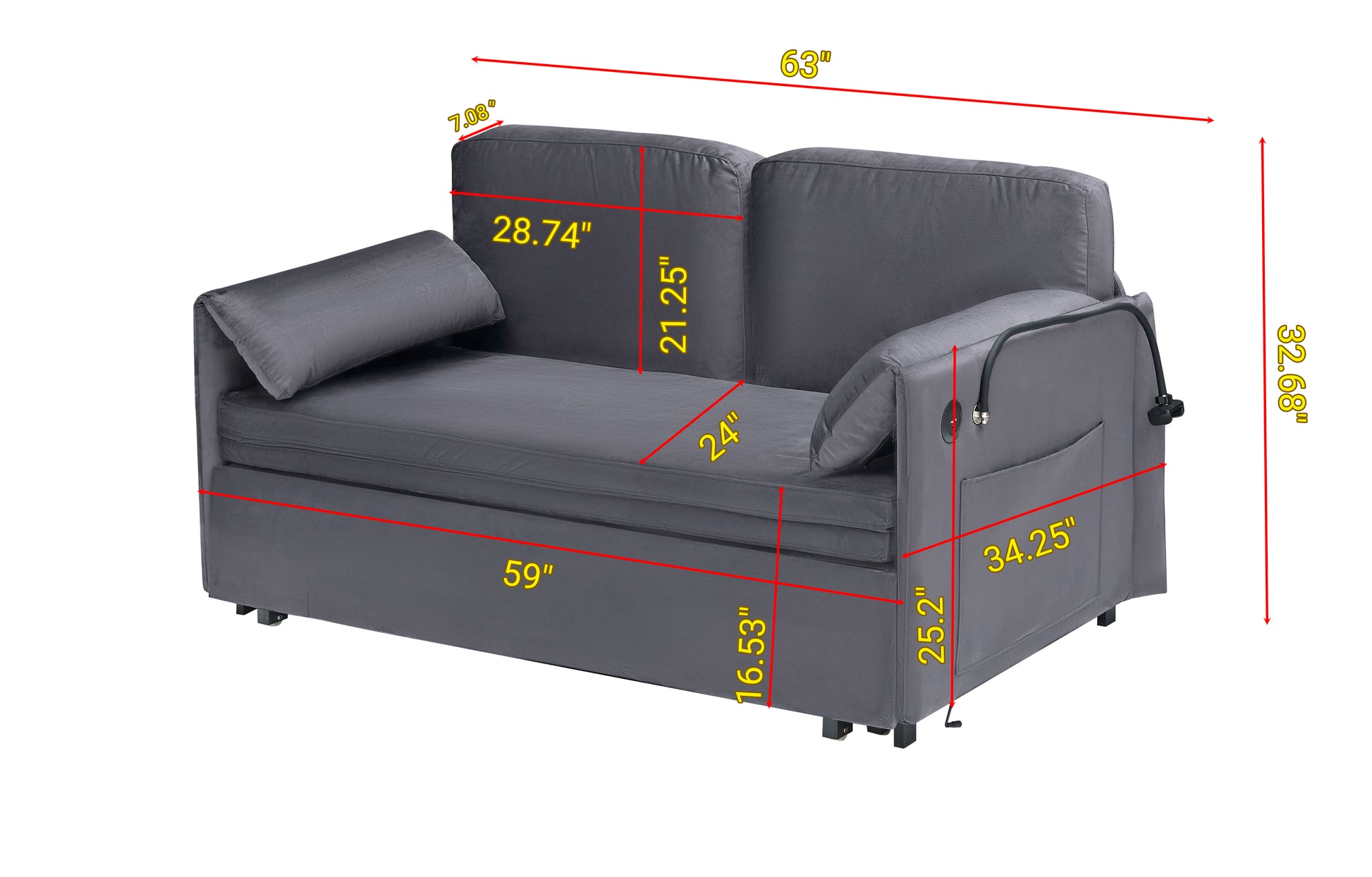 63 Inch Large Folding Sofa Bed Velvet Multifunctional Double Sofa Bed, Three Modes Switch, Suitable For Sitting, Lying And Sleeping, Suitable For Living Room, Bedroom, Apartment, Office,Gray Gray Velvet 2 Seat