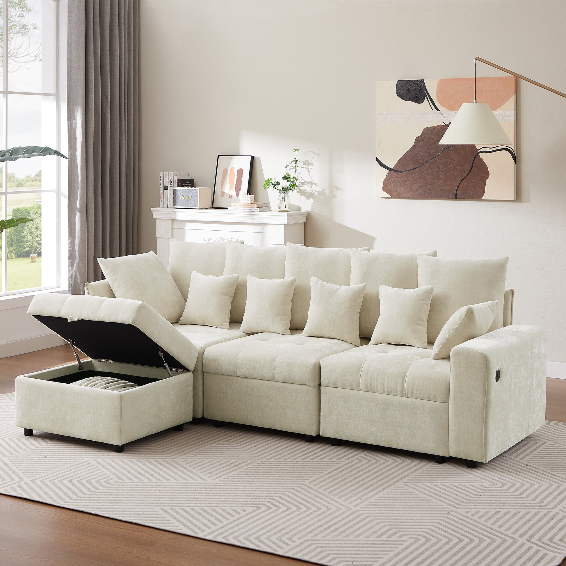 96.45"Sectional Sofa Modular Sofa Couch With Three Usb Ports, A Removable Storage Ottoman And Five Back Pillows For Living Room, Beige Beige Foam Chenille 4 Seat