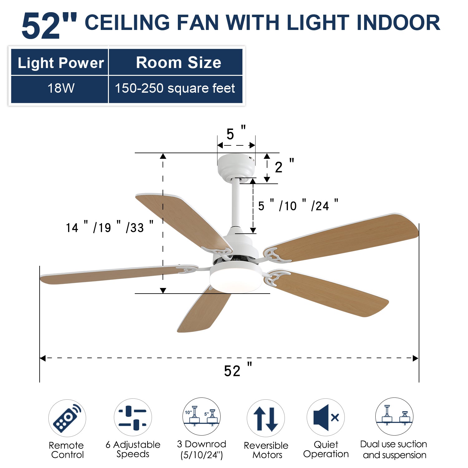 Indoor Modern 52 Inch Ceiling Fan With Dimmable 6 Speed Wind 5 Blades Remote Control Reversible Dc Motor With Led Light White Mdf