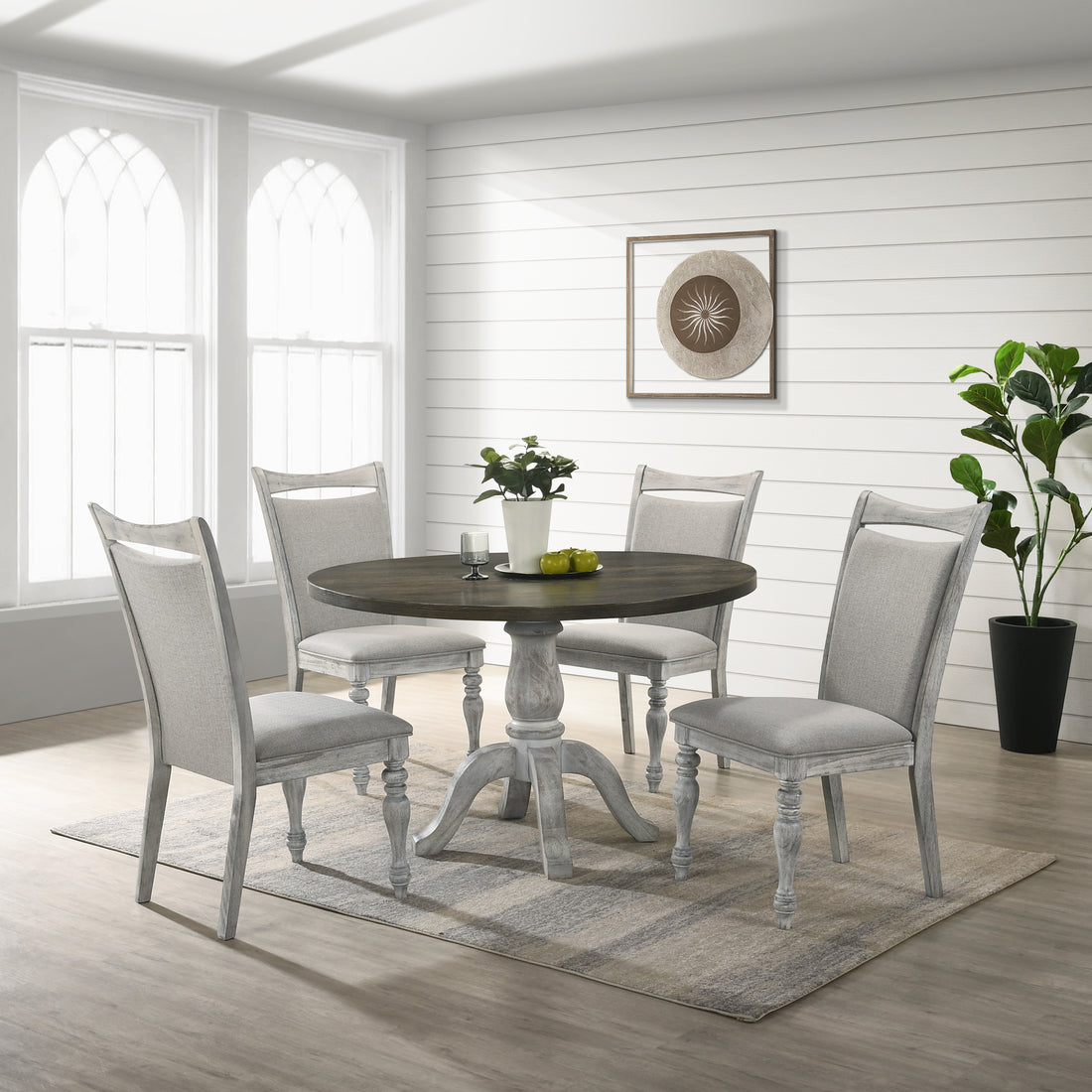 Iris 5 Piece Dining Set, Round Pedestal Table With 4 Chairs, Weathered White And Gray Wood Dining Room Fixed Table Rubberwood Round Dining Table With Chair Upholstered Chair Wood White Gray Seats 4 Farmhouse Round Pedestal Rubber Wood