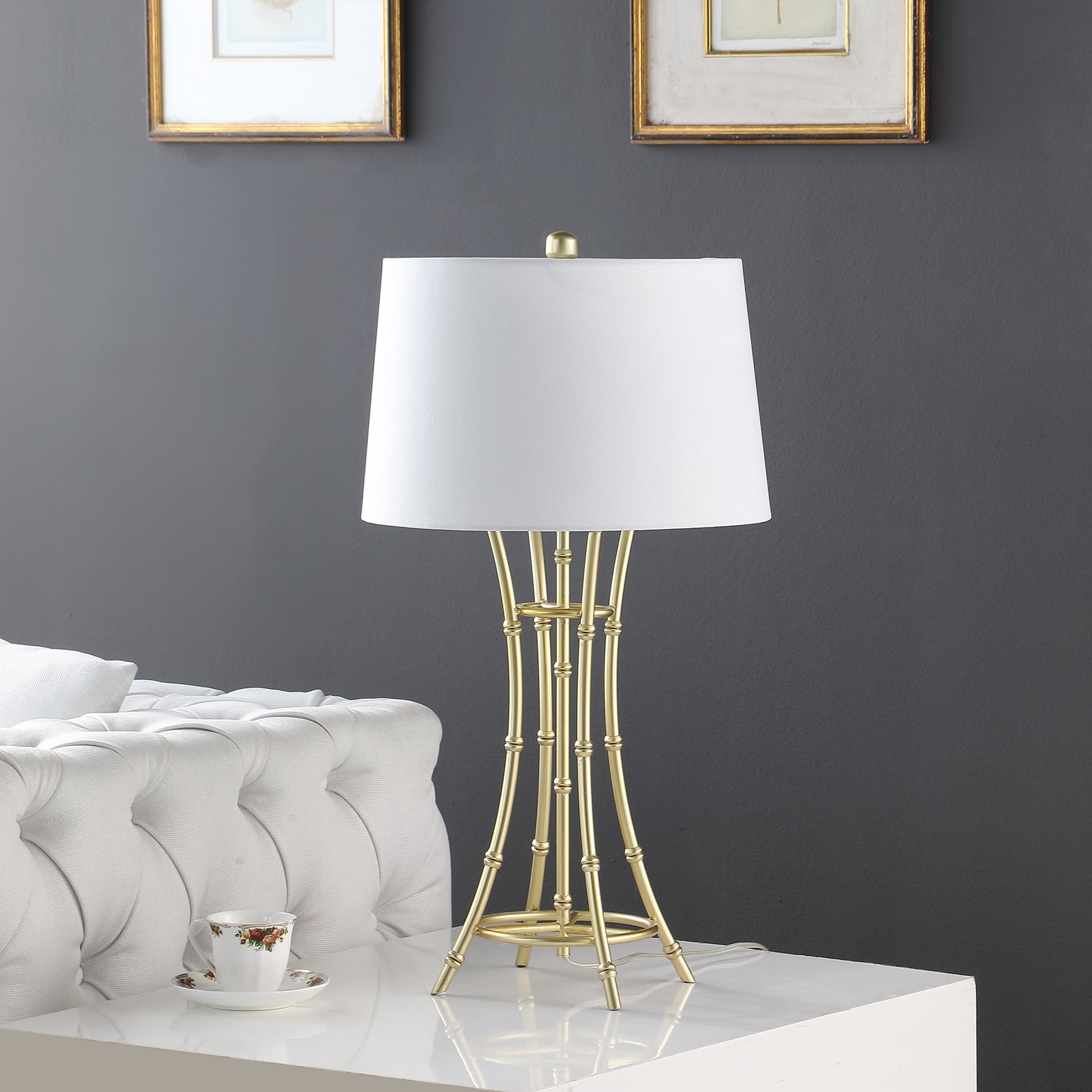 29.25" In Kiara Modern Satin Brushed Gold Bamboo Metal Table Lamp Gold White Fabric Metal