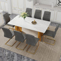 Table And Chair Set.The Table Has A Glass Tabletop With Imitation Marble Pattern Stickers And Stainless Steel Golden Table Legs. Paried With Comfortable Chairs With Pu Seats And Metal Legs. White Gold Seats 8 Glass Metal