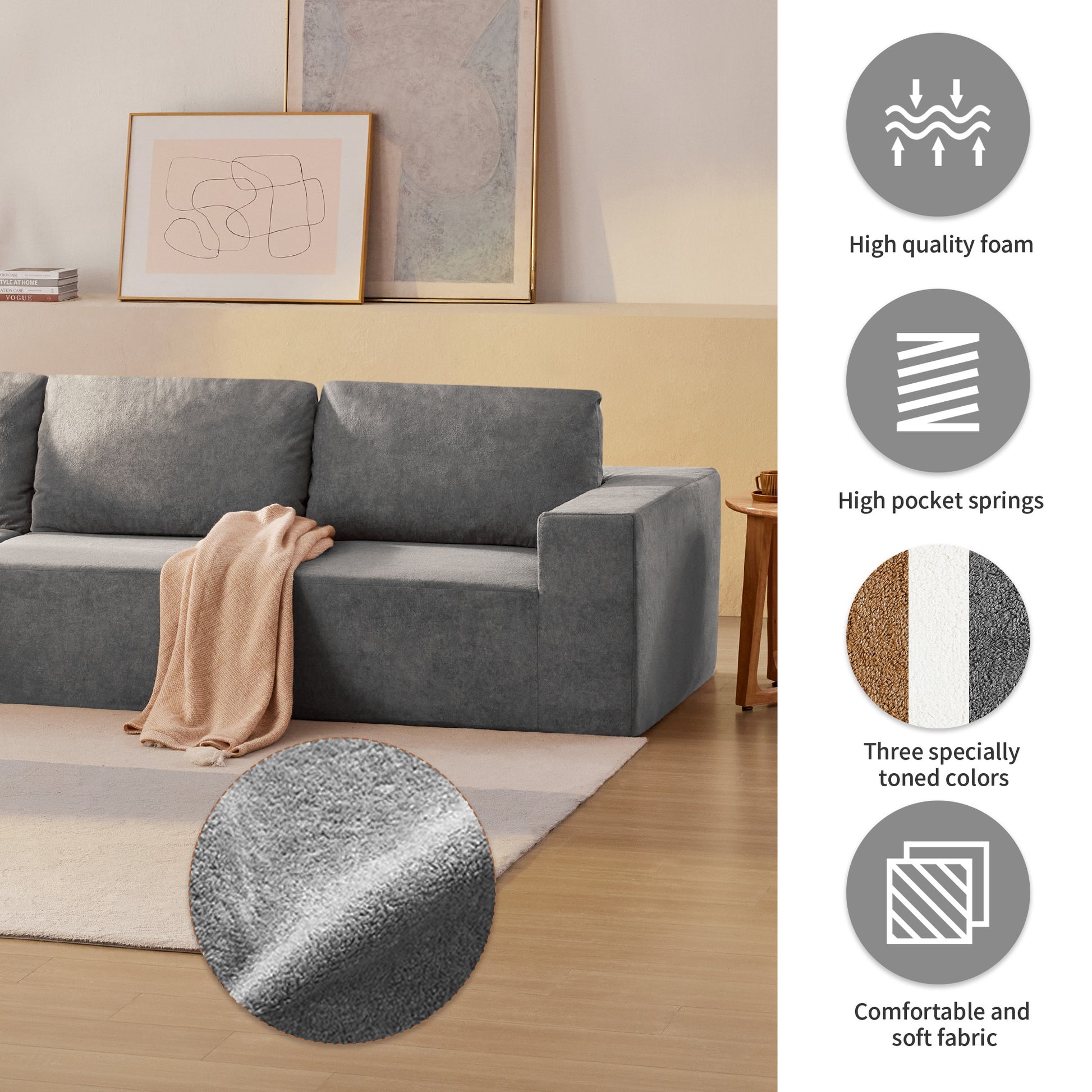 116*116" Modular L Shaped Sectional Sofa,Luxury Floor Couch Set,Upholstered Indoor Furniture,Foam Filled Sleeper Sofa Bed For Living Room,Bedroom,5 Pc Free Combination,3 Colors Gray Fabric 5 Seat