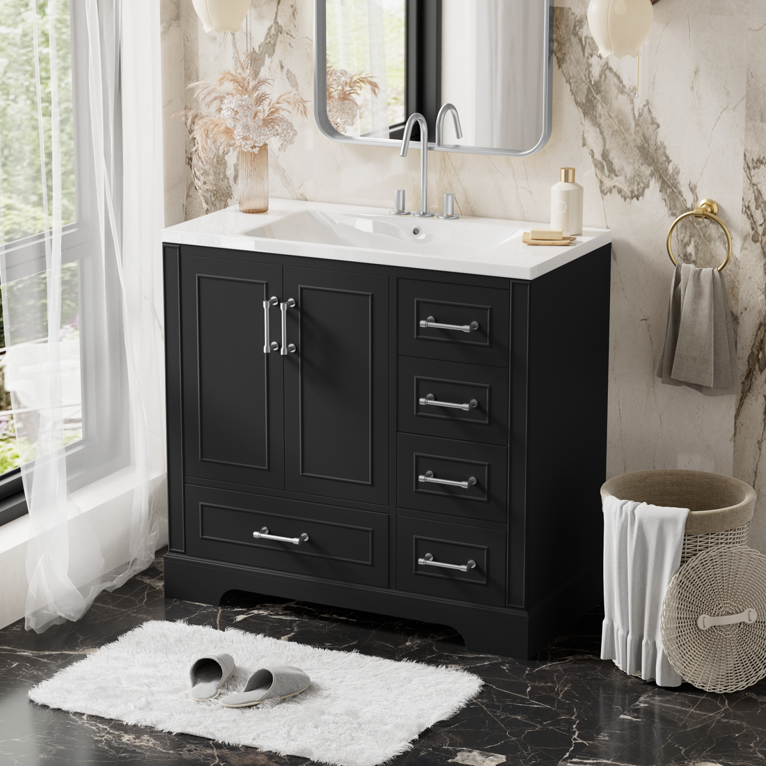 36 Inch Traditional Bathroom Vanity With Resin Sink Combo Set, Black Bathroom Cabinet With Two Doors And Four Drawers Black Bathroom Solid Wood Mdf Resin