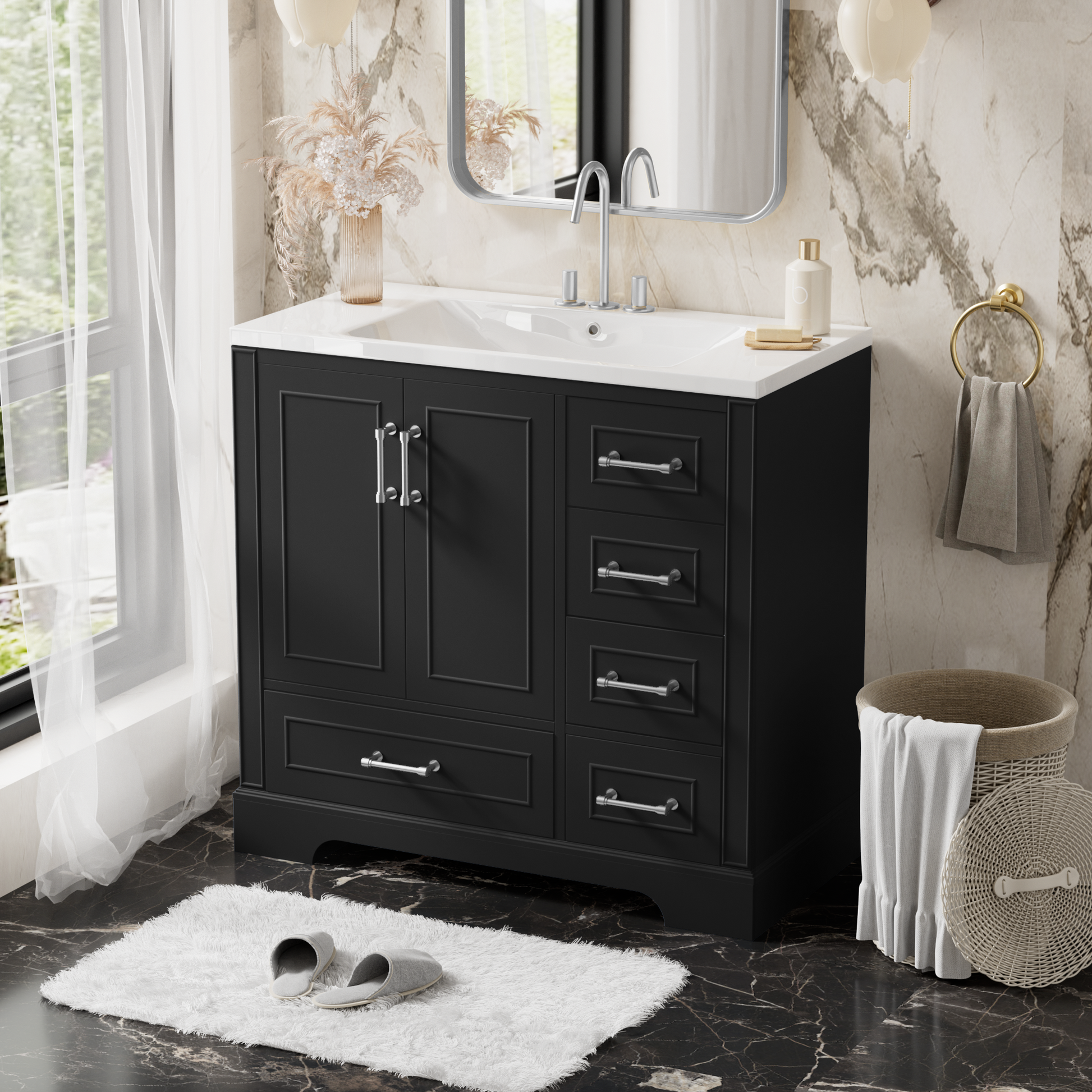 36 Inch Traditional Bathroom Vanity With Resin Sink Combo Set, Black Bathroom Cabinet With Two Doors And Four Drawers Black Bathroom Solid Wood Mdf Resin