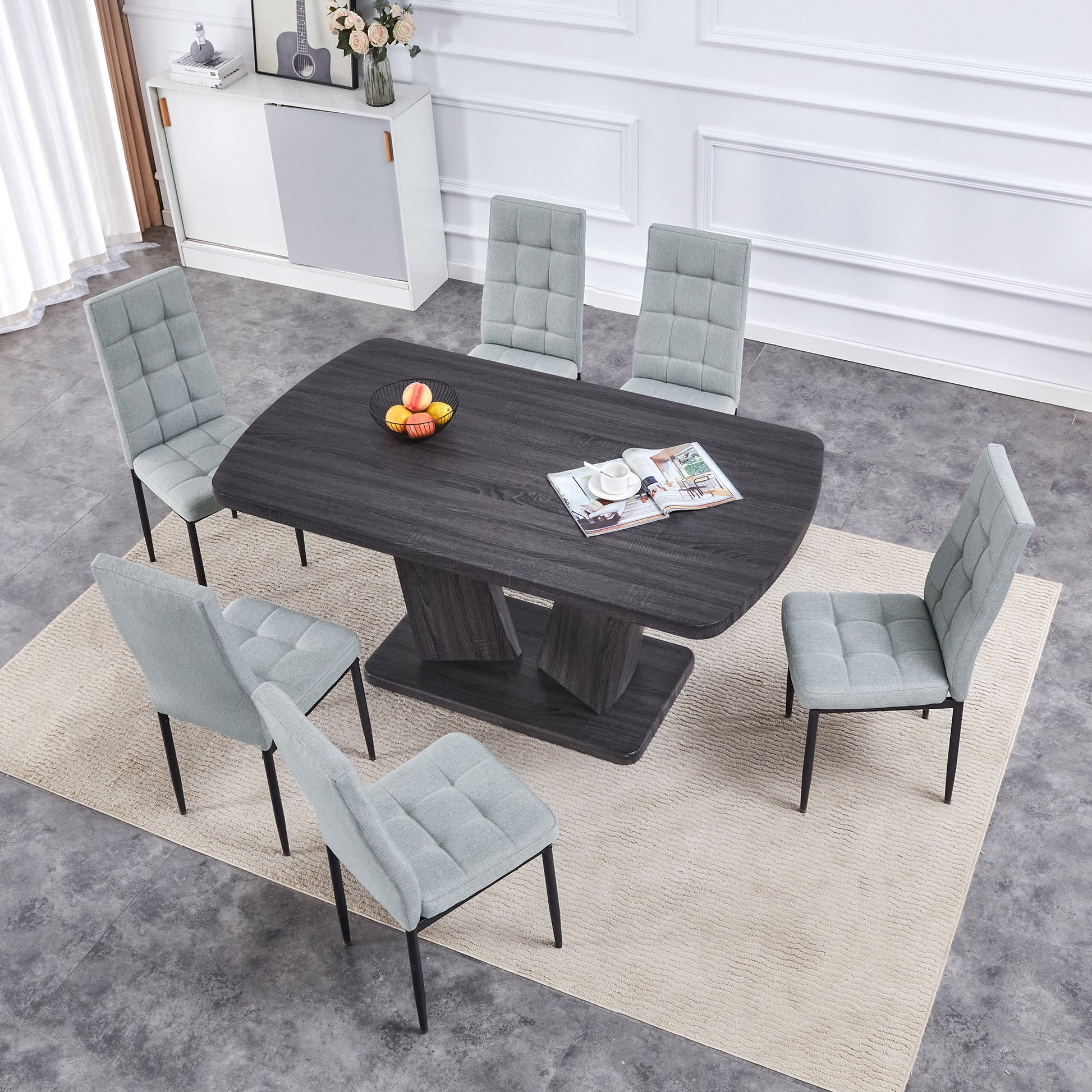 Dining Table Set For 6, 7 Piece Kitchen Table Chairs Set, 1.8" Thickness Tabletop And V Shaped Table Legs, Modern Dining Room Set With 63 Inch Dinner Table And 6 Upholstered Chairs For Dining Room Metal Gray Dining Room Classic,Mid Century Modern,Modern