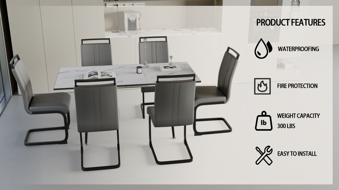 An Expandable Dining Table Set For 2 6 People, Equipped With A C Shaped Tubular Cushioned Armless Dining Chair And An Elegant And Spacious Dining Table Kitchen Table And Chair Set, With Metal Legs Grey White Mdf