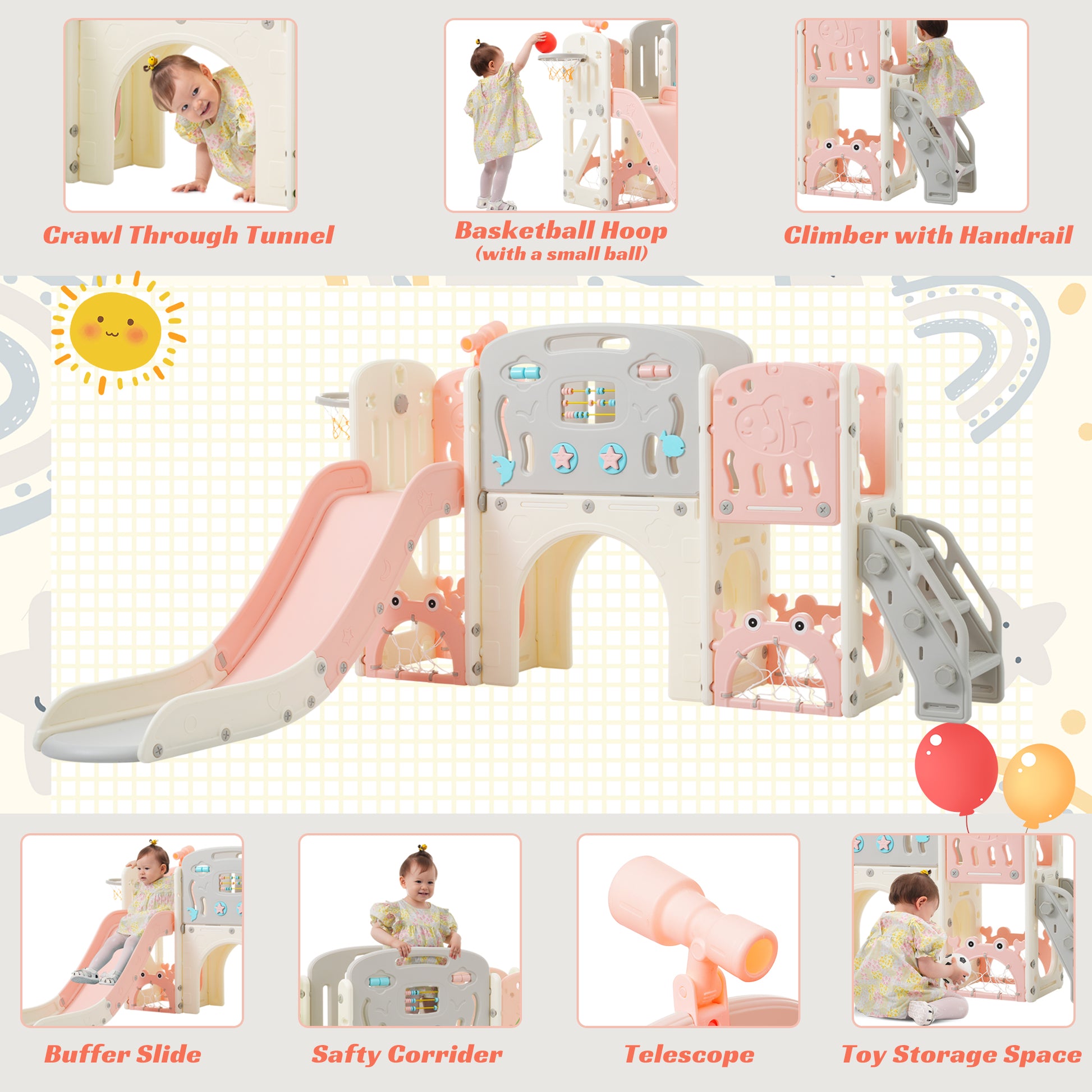 11 In 1 Toddler Slide, Kids Slide For Toddler Age 1 3 With Basketball Hoop, Kids Slide Playset Structure,Arch Tunnel And Telescope, Toy Storage Organizer For Toddlers, Kids Climbers Playground Pink Cute 1 To 2 Years Hdpe Indoor & Outdoor Use