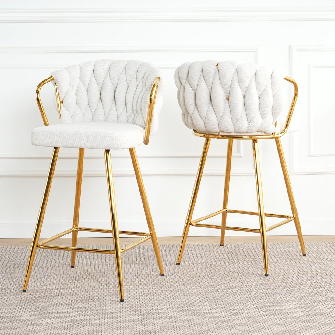 Modern Design High Stool Gold Plated Legs Kitchen Dining White Linen Bar Chair, Suitable For Cafe Bar Restaurant Set Of 2 Metal White Flannelette