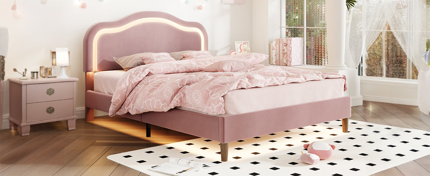 Queen Size Velvet Upholstered Smart Led Bed Frame With Adjustable Height Headboard,No Box Spring Needed,Easy Assembly,Pink Box Spring Not Required Queen Pink Wood Bedroom Cute,Modern Bed Frame Wood