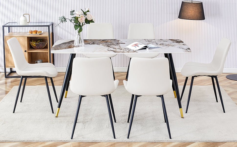 Table And Chair Set, Imitation Marble Texture Rock Board Table Top, Black Metal Table Legs. Paired With 6 White Artificial Leather Backrest Cushion Dining Chairs With Black Metal Legs. White Black Seats 6 Metal