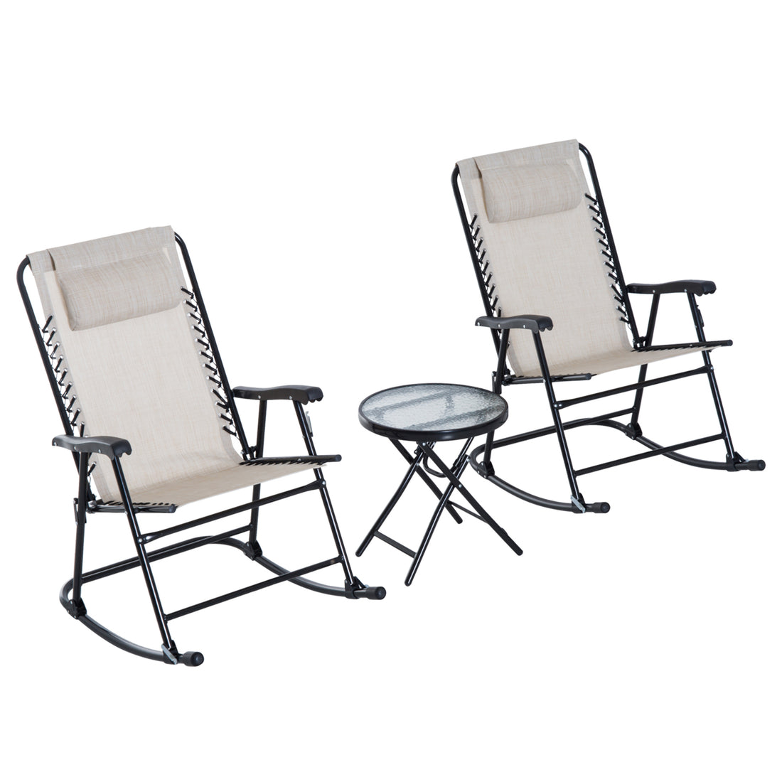 Outsunny 3 Piece Outdoor Rocking Chair Set, Patio Folding Lawn Rocker Set With Glass Coffee Table, Headrests For Yard, Patio, Deck, Backyard, Cream White Cream White Fabric