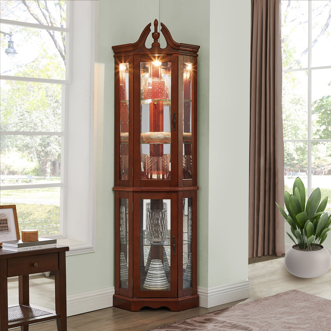 Walnut Corner Curio Cabinet With Lights,