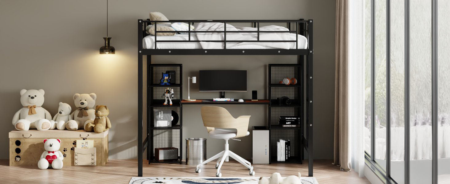 Full Size Metal Loft Bed With Built In Desk And Shelves, Black Brown Box Spring Not Required Full Black Brown Metal Bedroom Mdf Metal