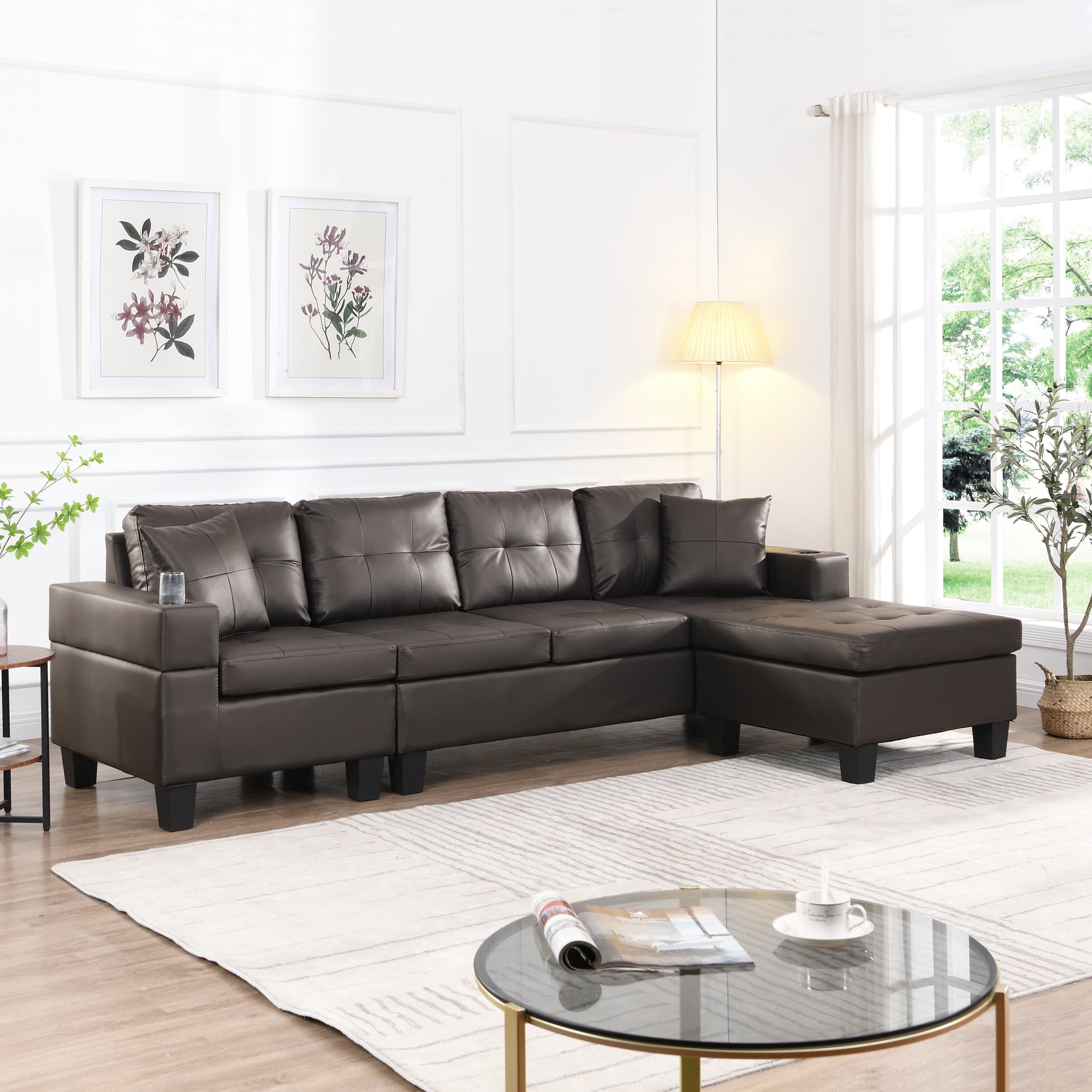 Sectional Sofa Set For Living Room With L Shape Chaise Lounge ,Cup Holder And Left Or Right Hand Chaise Modern 4 Seat Chocolate Brown Dark Brown Pu 4 Seat