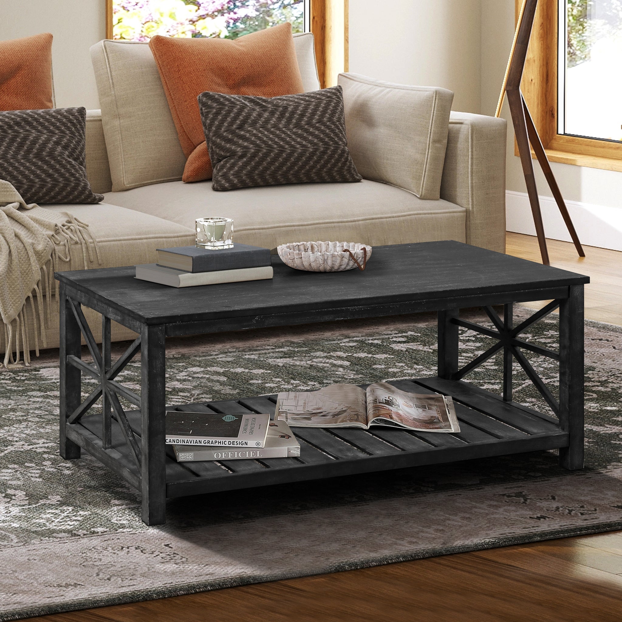 47 Inch Modern Coffee Table With Storage Shelf, Farmhouse Rectangle Living Room Center Table For Small Spaces,Easy Assembly Antique Black Antique Black Ergonomic Primary Living Space American Design Floor Mount Open Storage Coffee & End Tables