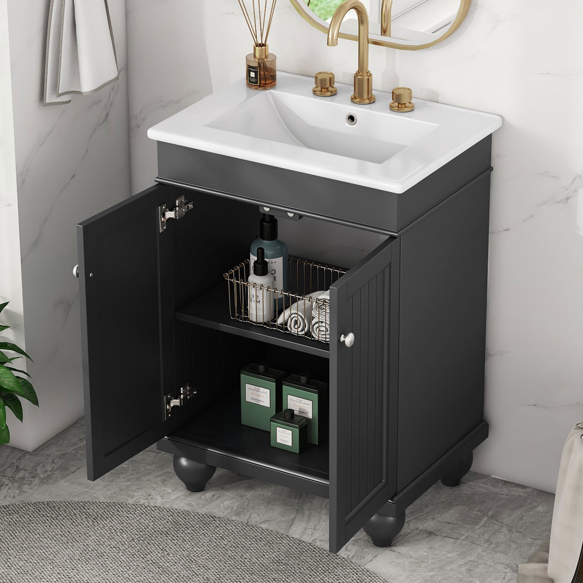24" Black Modern Sleek Bathroom Vanity Elegant Ceramic Sink With Solid Wood Frame, Adjustable Shelf Black Solid Wood Mdf