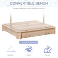 Outsunny Wooden Kids Sandbox With Cover, Children Outdoor Sand Box With Foldable Bench Seats, Adjustable Canopy, Bottom Liner For Outdoor, Natural Blue Wood