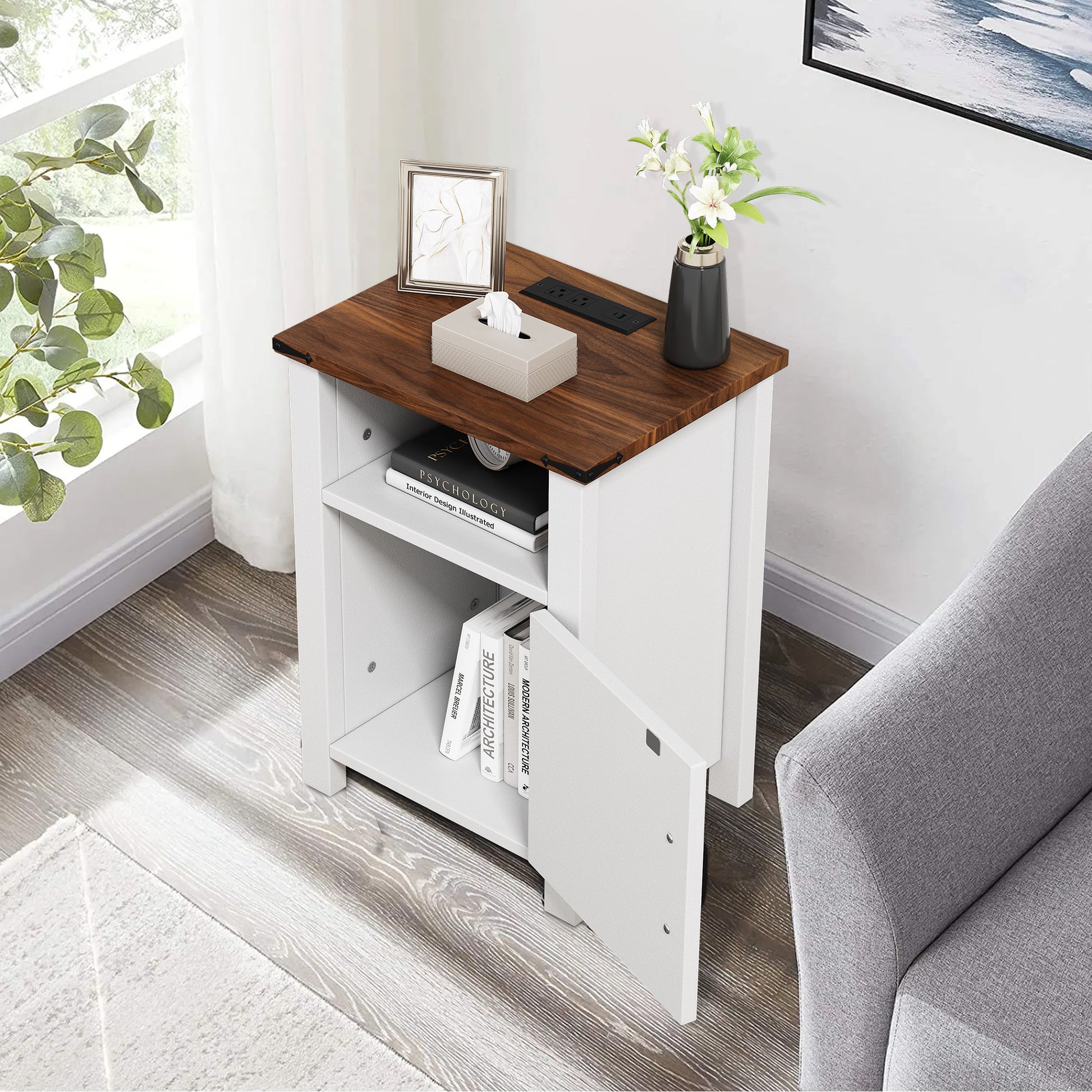 Night Stand Farmhouse Nightstand 18 Inch With Charging Station Usb Type C Port, Modern Couch End Table Side Table With Storage Shelf Magnetic Door Bedside Table For Bedroom Home Antique White Antique White Bedroom Rectangle Farmhouse,Modern Charging