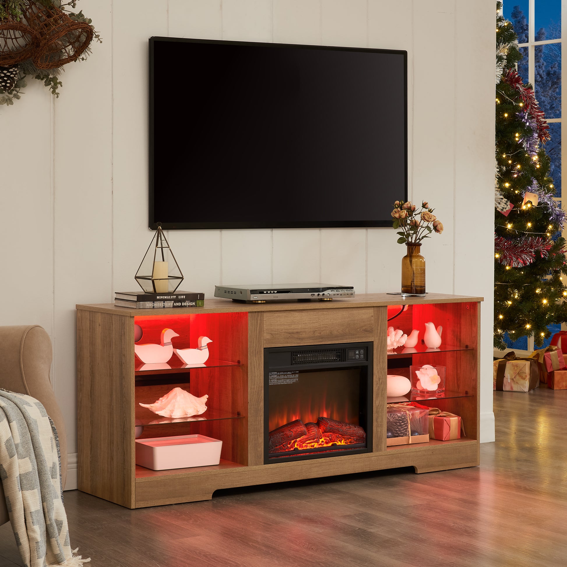 Tv Stand Electric Fireplace Glass Shelves, 3D Fireplace Tv Stand With Led Lights Wood With Usb Charging Outlet Modern Television Table Center For Tv Up To 62" Oak 58''W*15.5''D*24.4 Oak 60 69 Inches