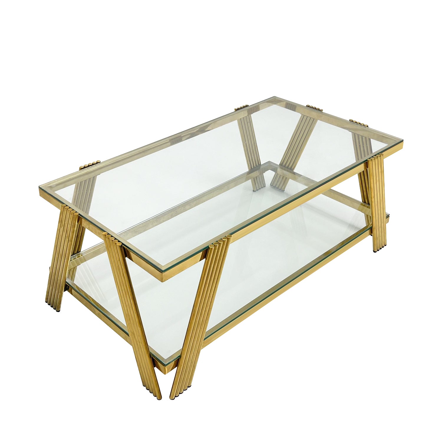 47" Wide Rectangle Modern Stainless Steel Coffee Table, Double Layer Clear Tempered Glass Coffee Table, Center Table With Storage, For Living Room Home Office, Easy Assembly, Gold Clear,Gold Modern