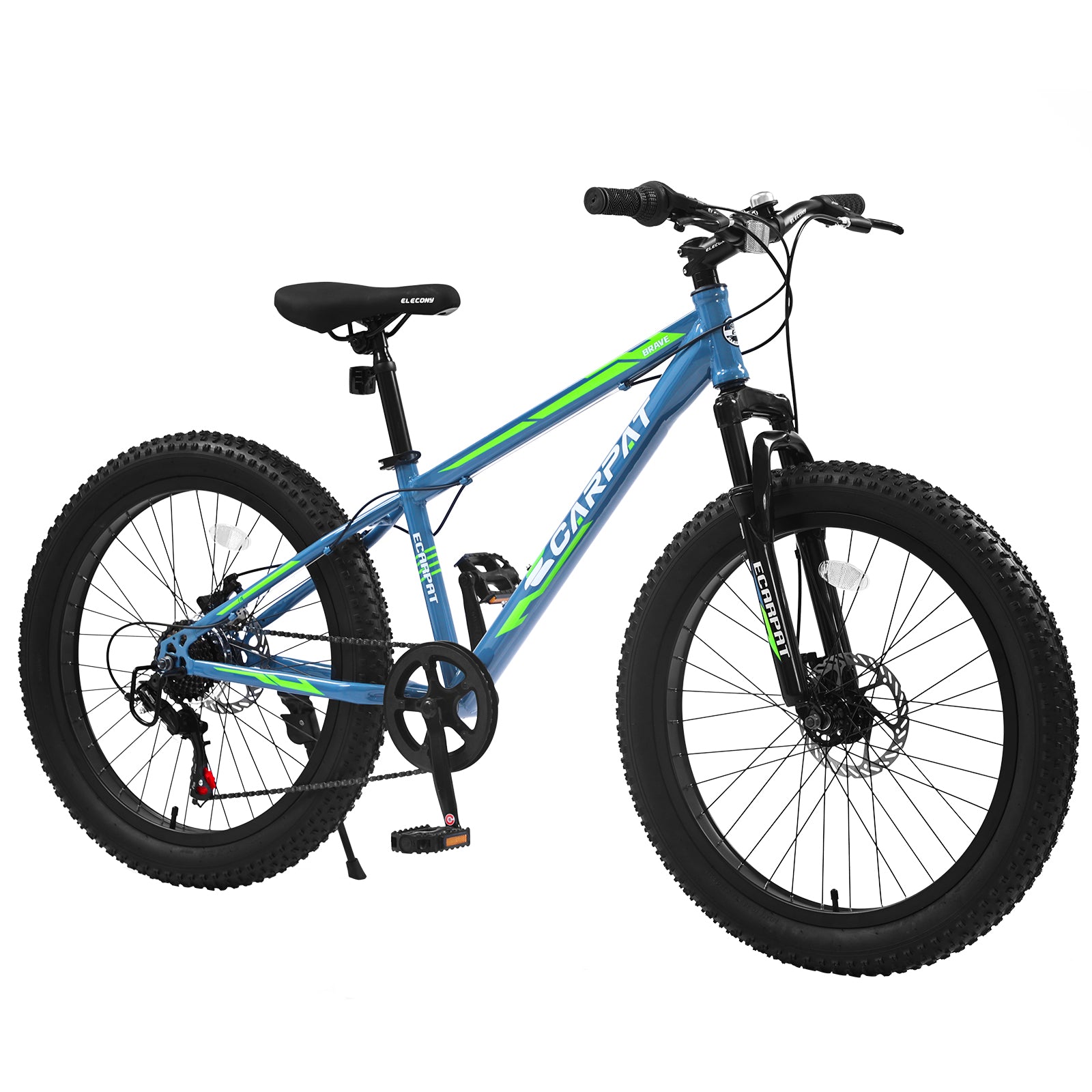 S24109 Elecony 24 Inch Fat Tire Bike Adult Youth Full Shimano 7 Speeds Mountain Bike, Dual Disc Brake, High Carbon Steel Frame, Front Suspension, Mountain Trail Bike, Urban Commuter City Bicycle