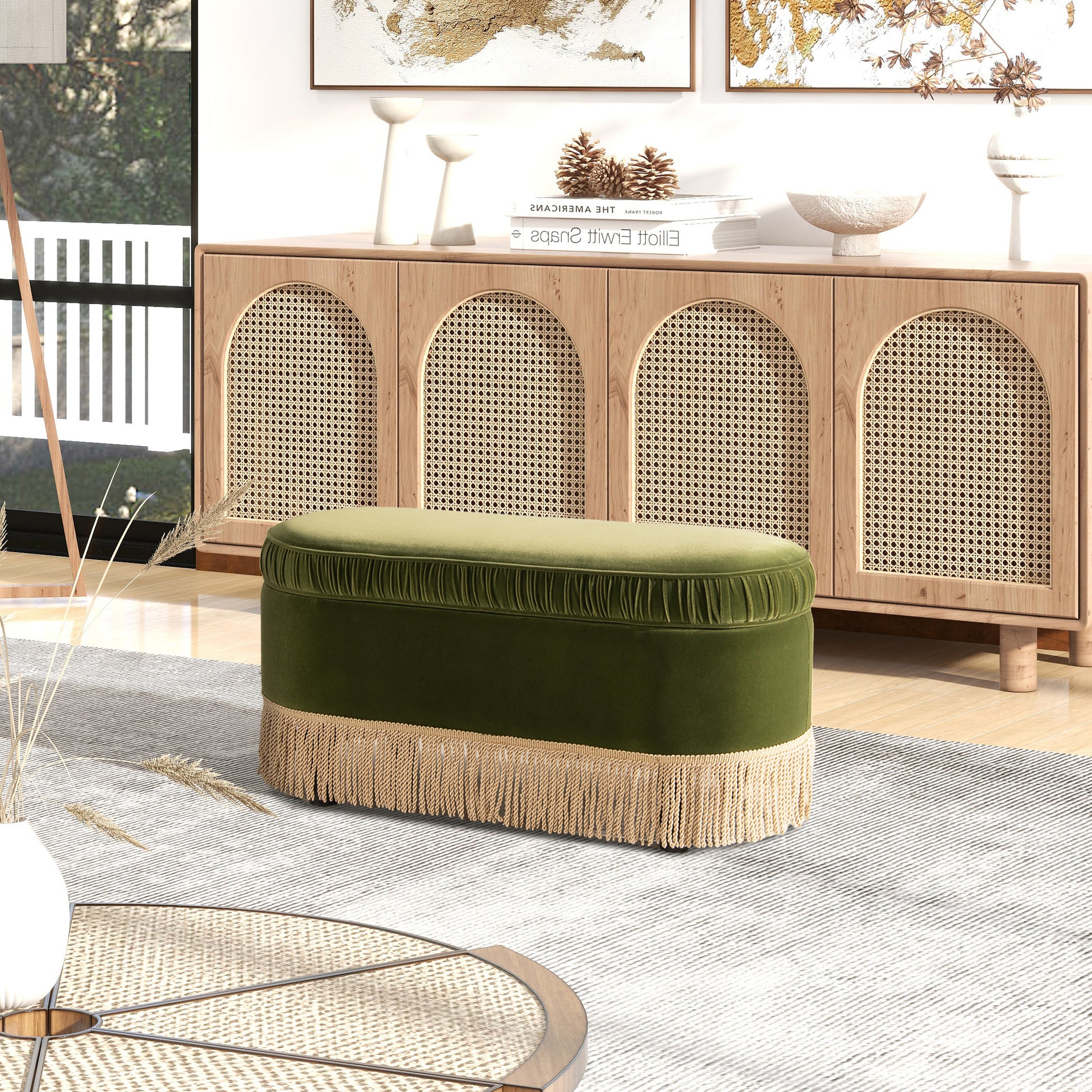 Serena 38" Oval Storage Bench Ottoman, Olive Green Performance Velvet Olive Green Foam Velvet