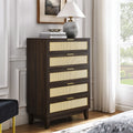 Bedroom 5 Drawer Dresser, Rattan Dresser Modern Wooden Chest Of Drawers With Spacious Storage Space For Bedroom Hallway Living Room Walnut Solid Wood Mdf