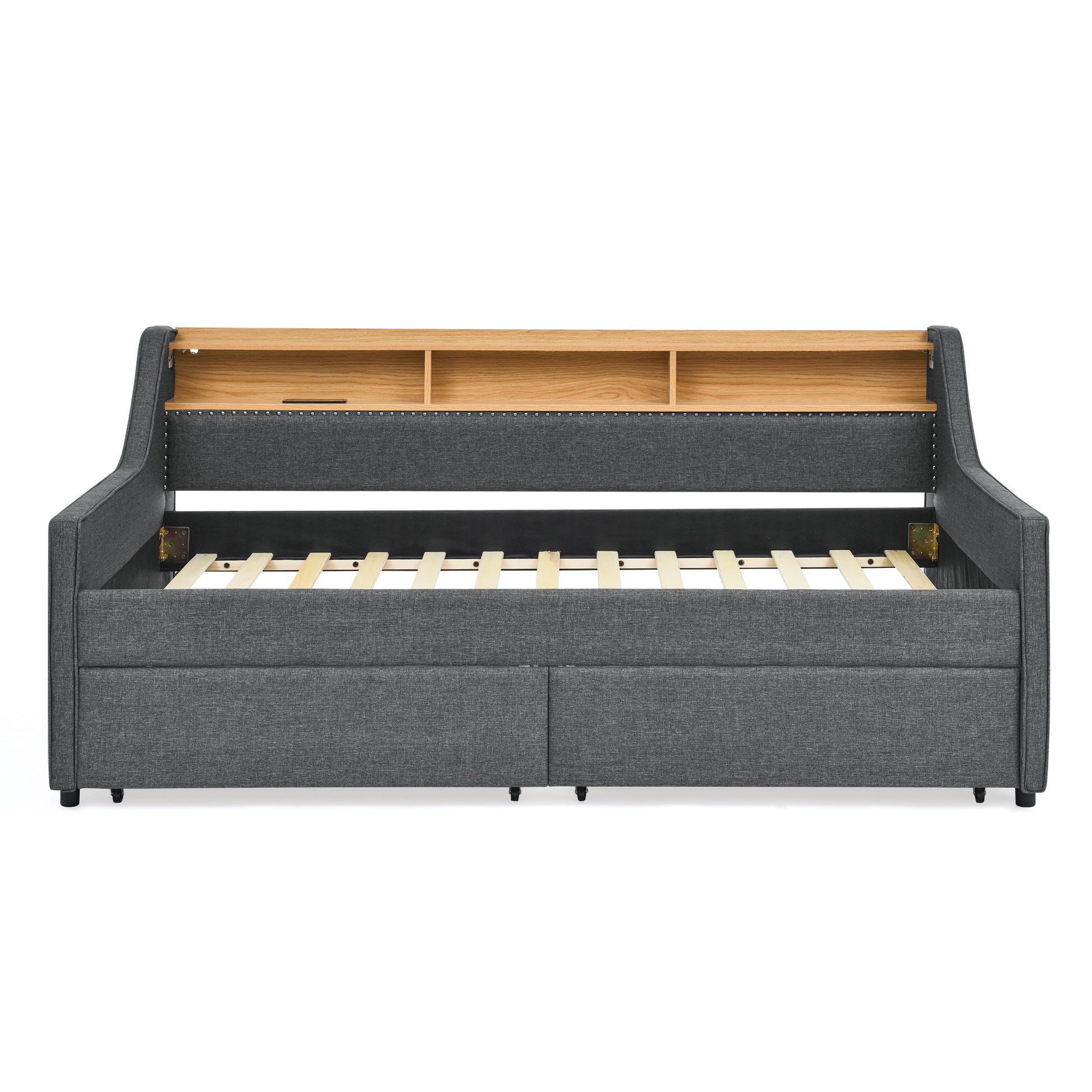 Twin Size Upholstery Sofa Bed With Three Led Lights, With Storage Adjustable Headboard, With Two Storage Pull Up Drawers And Wireless Charging, Linen Padded Sofa Bed Frame, Grey Box Spring Not Required Twin Grey Composite Bedroom Classic Eucalyptus Foam