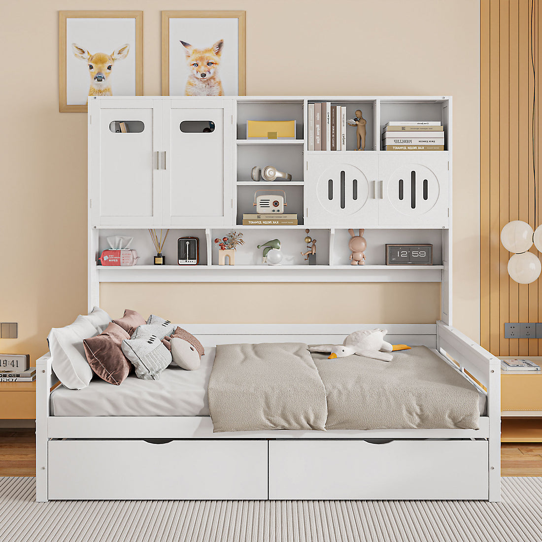 Full Size Wooden Daybed With 2 Drawers, And All In One Cabinet And Shelf, White Full White Wood