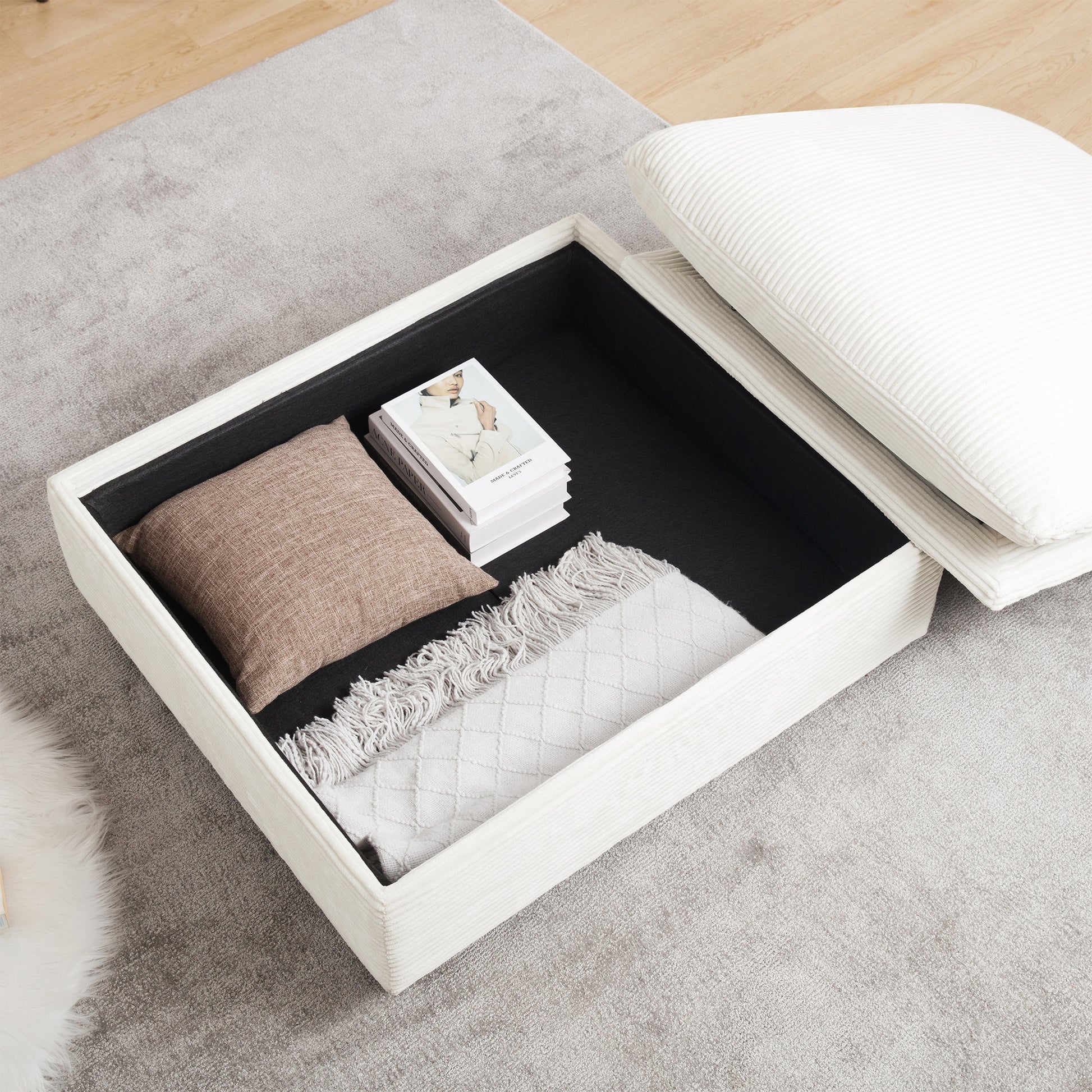 Large L Shape Sectional Corduroy Sofa,Deep Seat Couch With Storage Footstool And 4 Waist Pillows,Beige Beige Corduroy 4 Seat