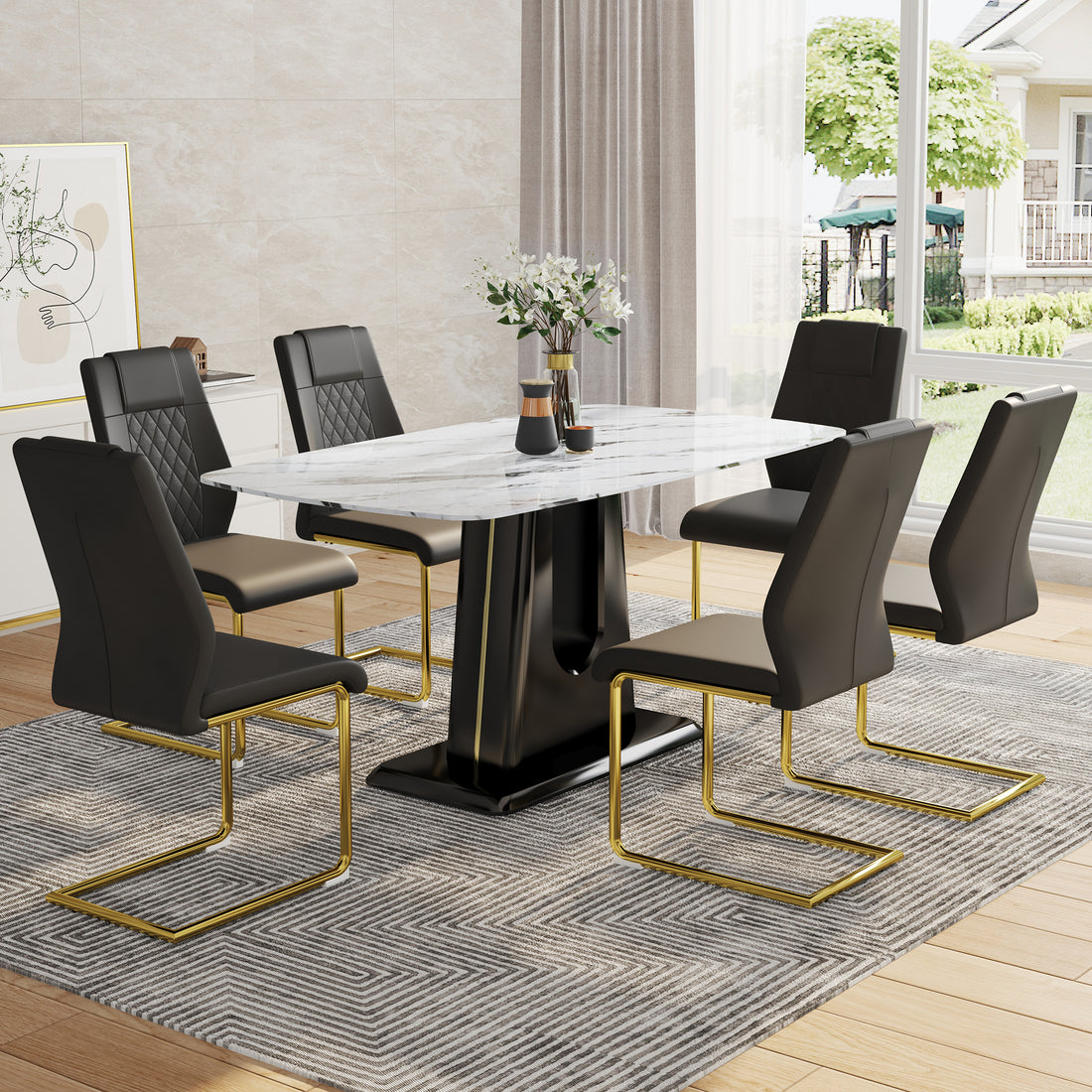 Table And Chair Set, Modern And Minimalist Dining Table, Imitation Marble Patterned Tabletop, Mdf Legs With U Shaped Brackets. Paired With Comfortable Chairs, Suitable For Dining And Living Rooms. Black Gold Mdf Glass