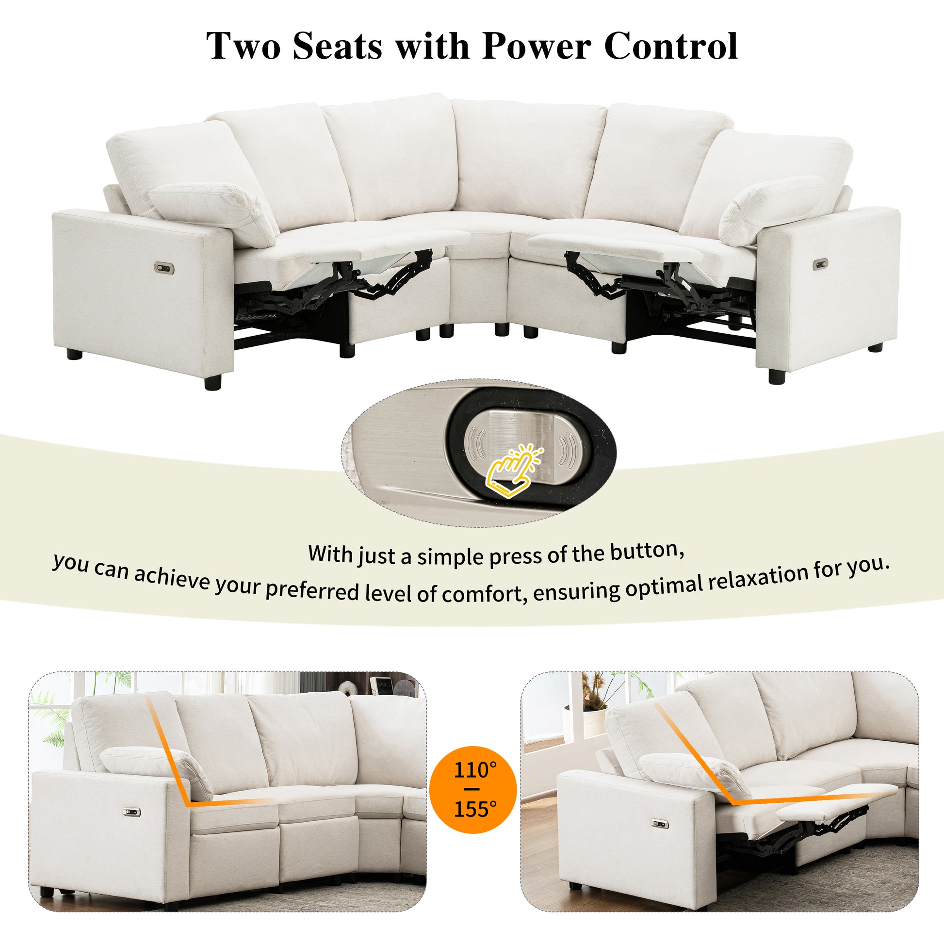 89" Power Recliner Sectional Sofa Home Theater Reclining Sofa With Two Usb Ports, Two Storage Drawers For Living Room, Beige Beige Foam Linen 5 Seat